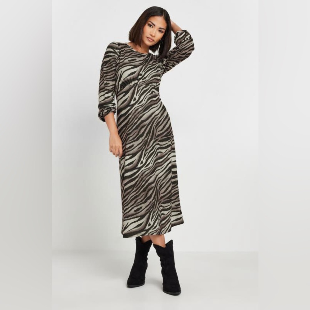 NWT PixieGirl Petite Brown Zebra Print Midi Dress, 4P/SP